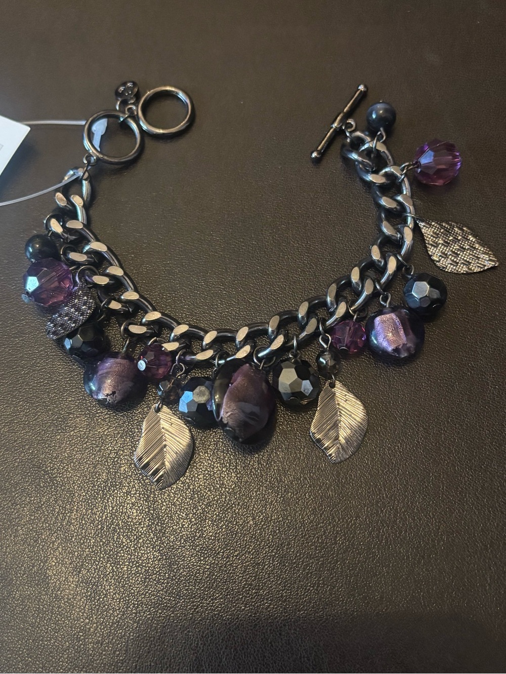 Gold Chain Bracelet with Purple Beads and Leaf Charms - Women Jewelry